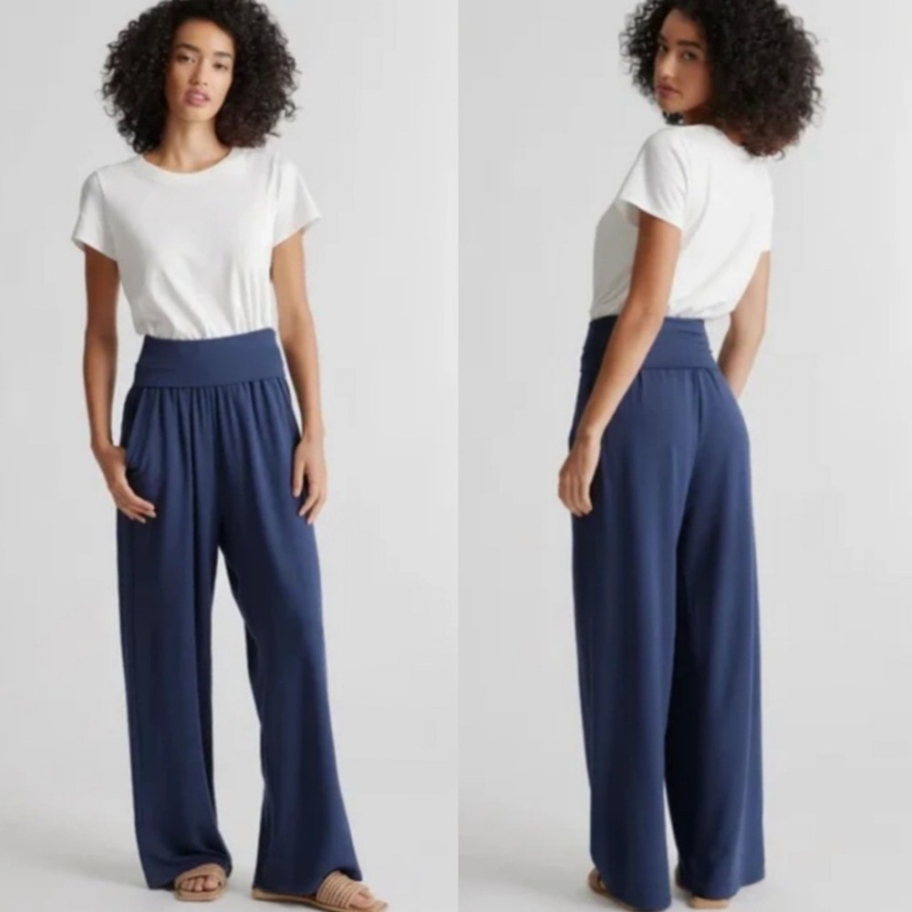 Quince‎ French Terry Modal Wide Leg Foldover Pant Navy Sz XL Lounge Casual Flowy